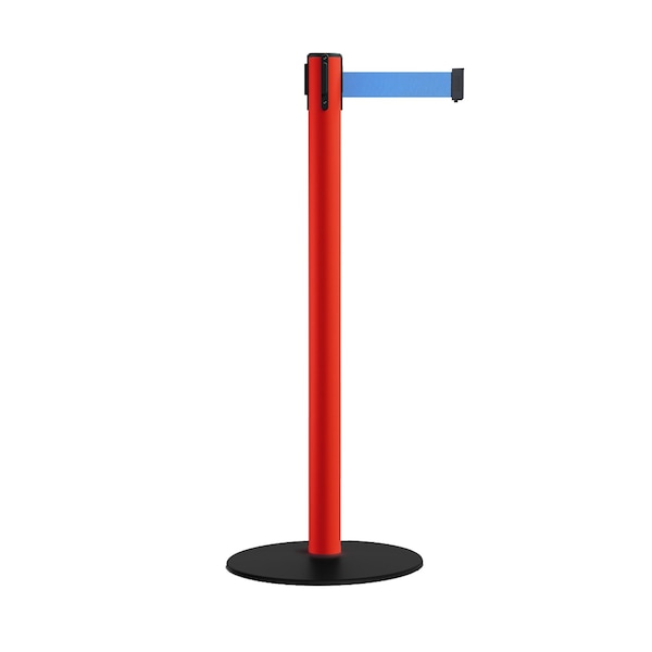 Montour Line Retractable Belt Stanchion, Low Base, 2.5" Red Post 7.5'Lt Blu Belt S400-RD-LBL-75 - main